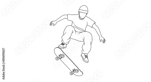 Skateboarder Sketch Illustration of a skater performing a trick in street style line art drawing for extreme sports fans.