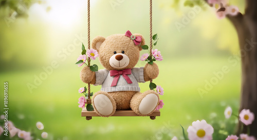 Teddy Bear on Swing: A cuddly teddy bear, adorned with flowers, swings gently, capturing a moment of innocent joy and springtime bliss. 