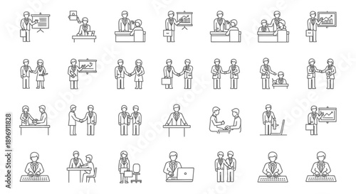 line art icons depicting business professionals meetings presentations and office work corporate teamwork and productivity.
