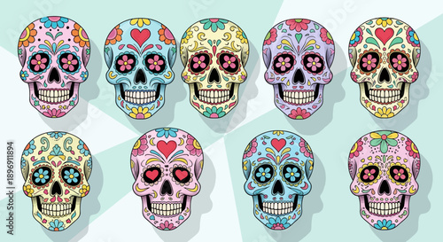 vibrant día de muertos sugar skulls adorned with colorful floral and heart designs embodying mexican cultural tradition for festive art.