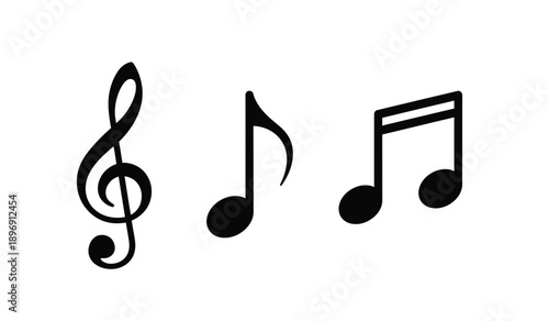 Black music notes on a, treble clef and eighth notes symbolizing harmony and melody in a simple design