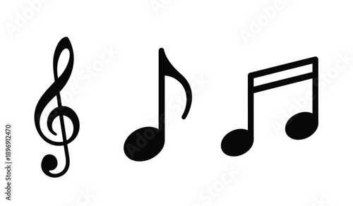 Three black music notes on a, treble clef and eighth notes