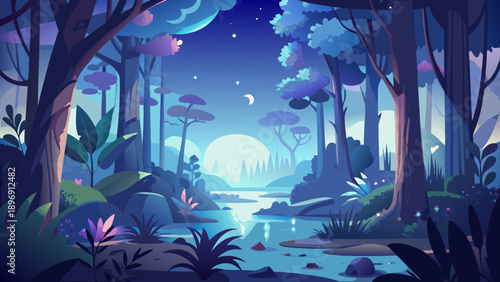 Very beautiful dreamlike fantasy forest at night where moonlight, mist, and glowing plants blend together, creating a peaceful and mysterious world filled with quiet magic.