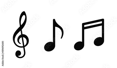Three black musical notes on a staff treble clef and quarter notes