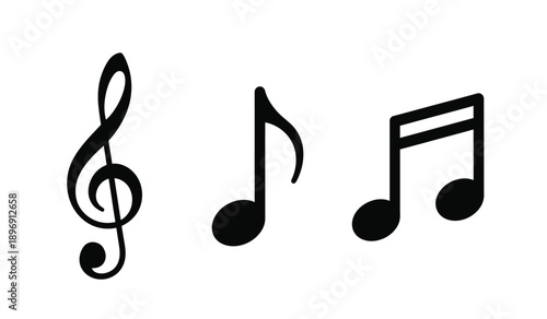 Three black musical notes on a, including a treble clef and two eighth notes
