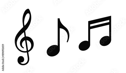 Three black music notes on a, treble clef and eighth notes