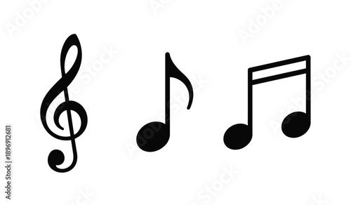 Three black musical notes on a staff clef symbol for music composition and education purposes easily editable
