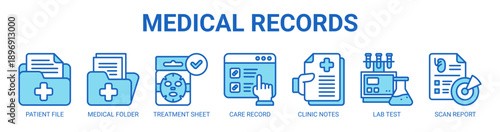 Medical Records web banner icon vector illustration concept with icon of patient file, medical folder, treatment sheet, care record, clinic notes, lab test, and scan report.