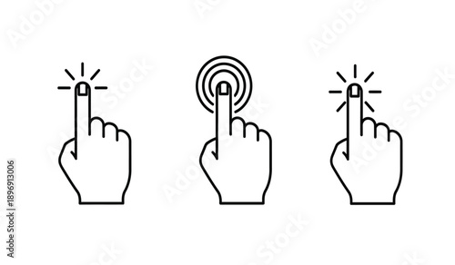 Three hand icons with index fingers touching virtual screens with various effects