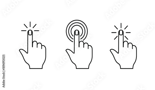 Three hand icons with index fingers clicking and interacting with digital interface elements