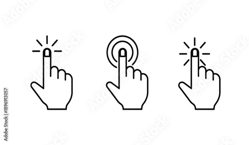 Three hand icons with index finger clicking and touching on for web and mobile interface design