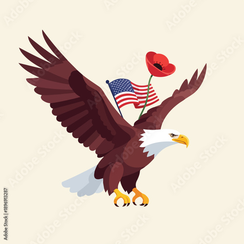 Bald Eagle with American Flag and Poppy.