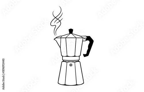 Stylized Black Silhouette of Italian Moka Pot Espresso Machine with Rising Steam Trails Vector Illustration