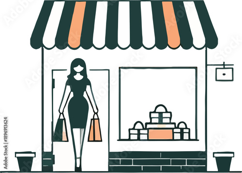 Woman with shopping bags exiting a storefront retail