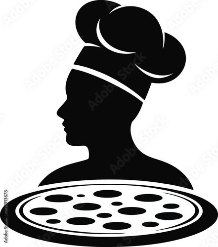 A minimalist black silhouette features a female chef wearing a toque hat positioned above a pizza.