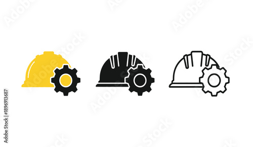 Three different colored hard hats with gear icons