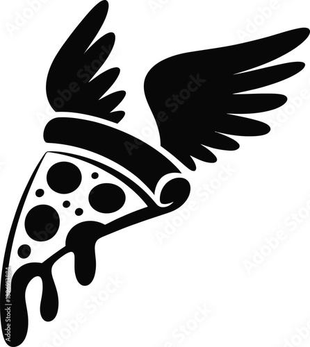 A black minimalist silhouette of a single pepperoni pizza slice with large wings attached at top.