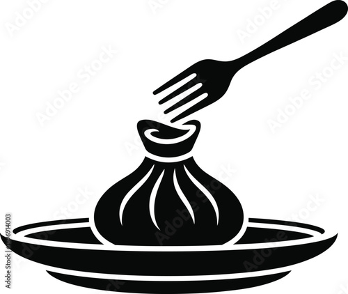 A black silhouette shows a single pleated dumpling resting on a plate with a fork poised above it.