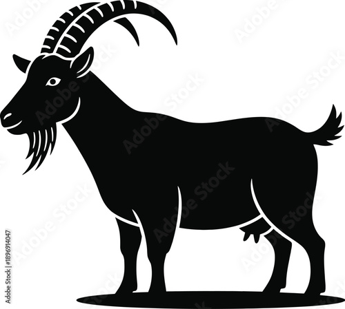 Black silhouette of a goat with curved horns 