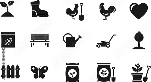 Black silhouettes of gardening and farm related objects and animals 