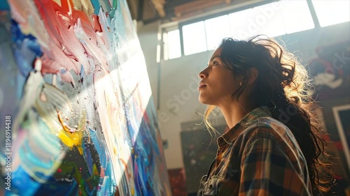 A woman gazes at a colorful abstract painting in a sunlit art studio, contemplative