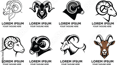 Collection of various goat and ram head logos and icons in different styles and colors 