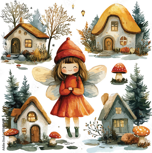 A little girl celebrates the new year in a cozy winter home decorated with a Christmas tree, sweet gingerbread candy, and holiday gifts amidst a snowy village landscape illustration