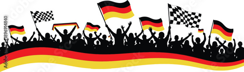 German crowd cheering with flags and checkered flags waving  celebrating sports victory