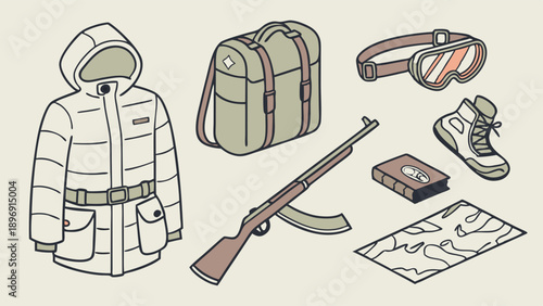 Winter Survival Gear Illustration for Adventure Travel Blog Post or Outdoor Expedition Web Design Asset