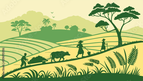 Rural Farmers Working Hard on Terraced Fields with Water Buffalo for Agriculture and Harvest Web Design Background