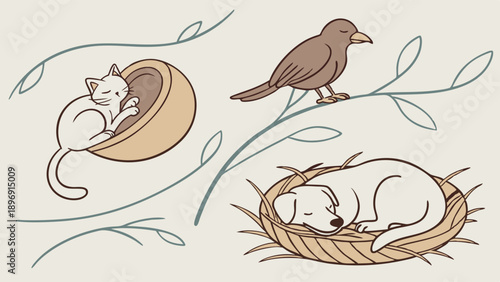 Cozy Pets Sleeping in Nests Cute Cat Dog Bird Illustration for Nursery Decor Website Design Comfort and Rest