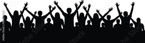 Groupofpeoplesilhouetteswitharmsraisedinunisonontransparentbackground