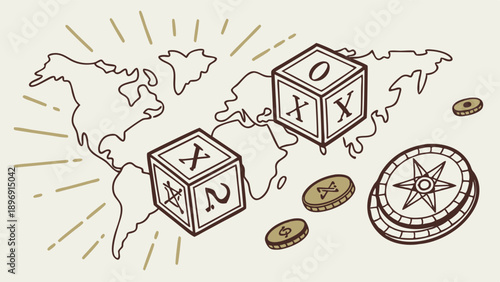 Global Travel Adventure Game Dice Coins Compass for International Trade Strategy and Fortune Seeking