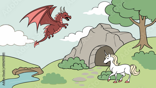 Red Dragon Flying Towards White Unicorn Near Cave Entrance for Fantasy Storybook Illustration or Children's Adventure Game Design