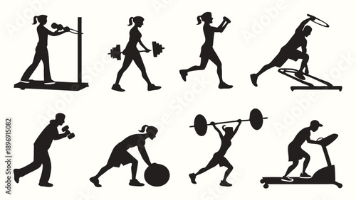Diverse Silhouettes of Women Exercising with Weights Treadmill and Fitness Equipment for Health and Wellness Promotion Graphics