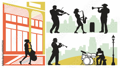 Silhouettes of Jazz Musicians Playing Saxophone Violin Trumpet Drums Outdoors for Music Festival Promotion or Venue Advertising