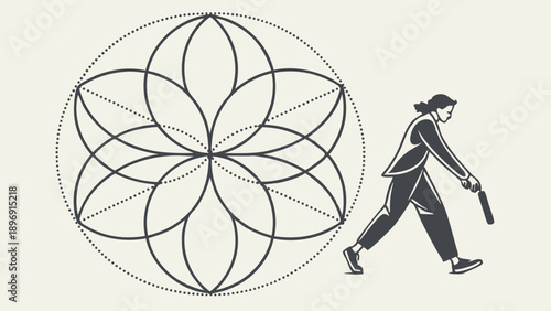 Woman Agent Holding Gun Beside Sacred Geometry Flower of Life Symbol for Esoteric Security Design