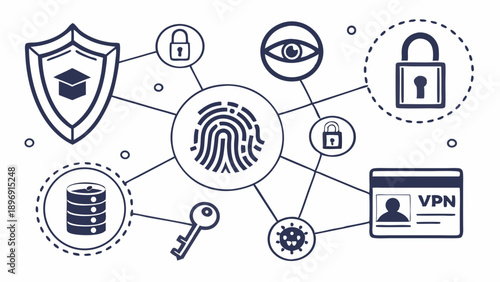 Cybersecurity Network Diagram with Fingerprint Biometric Authentication Data Protection for Digital Security and Privacy Success