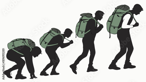 Hiker Evolution Progression Carrying Heavy Backpack Up Steep Hill Showing Effort and Endurance for Adventure Travel