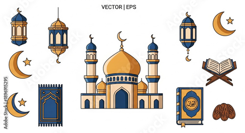 Islamic religious symbols and mosque illustration.