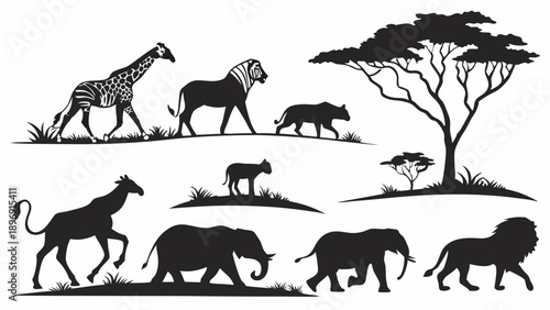 African Safari Wildlife Silhouette Set Giraffe Lion Elephant Rhino for Travel Web Design Nature Illustration Backgrounds