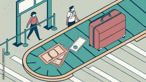 Airport Baggage Claim Conveyor Belt Showing Luggage Cash and Passport for Travel Finance Security Check Illustration