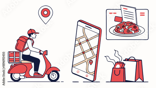 Food Delivery Service Courier on Scooter Tracking Order on Mobile App for Online Restaurant Takeout Purchase