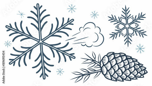 Winter Season Snowflakes Blowing Past Pinecone for Holiday Greeting Card Design or Seasonal Web Banner Advertising
