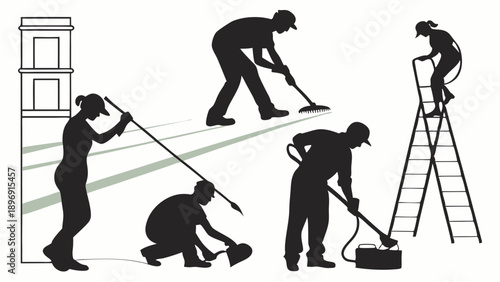Cleaning Crew Silhouettes Performing Maintenance Tasks Like Scrubbing, Washing, and High Reach Work for Building Services Advertising