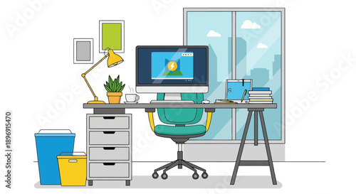 Modern home office desk setup with computer and chair.