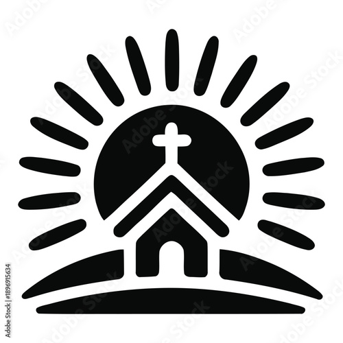 Church icon with sunrise symbol, Christian cross silhouette, religious building logo isolated on white background