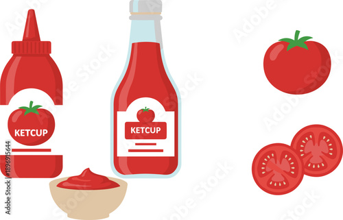 Ketchup Bottle and Sauce Bowl with Fresh Tomato Set Isolated on White Background Condiment Vector Illustration