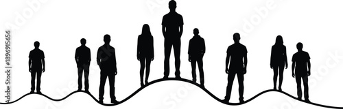Silhouette of people standing on a wavy line in a row  business and social concept