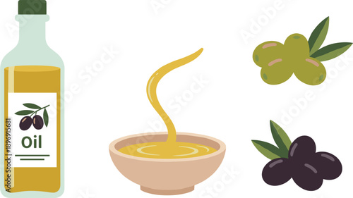 Olive Oil Bottle with Bowl and Green Black Olives Set Isolated on White Background Healthy Food Vector Illustration